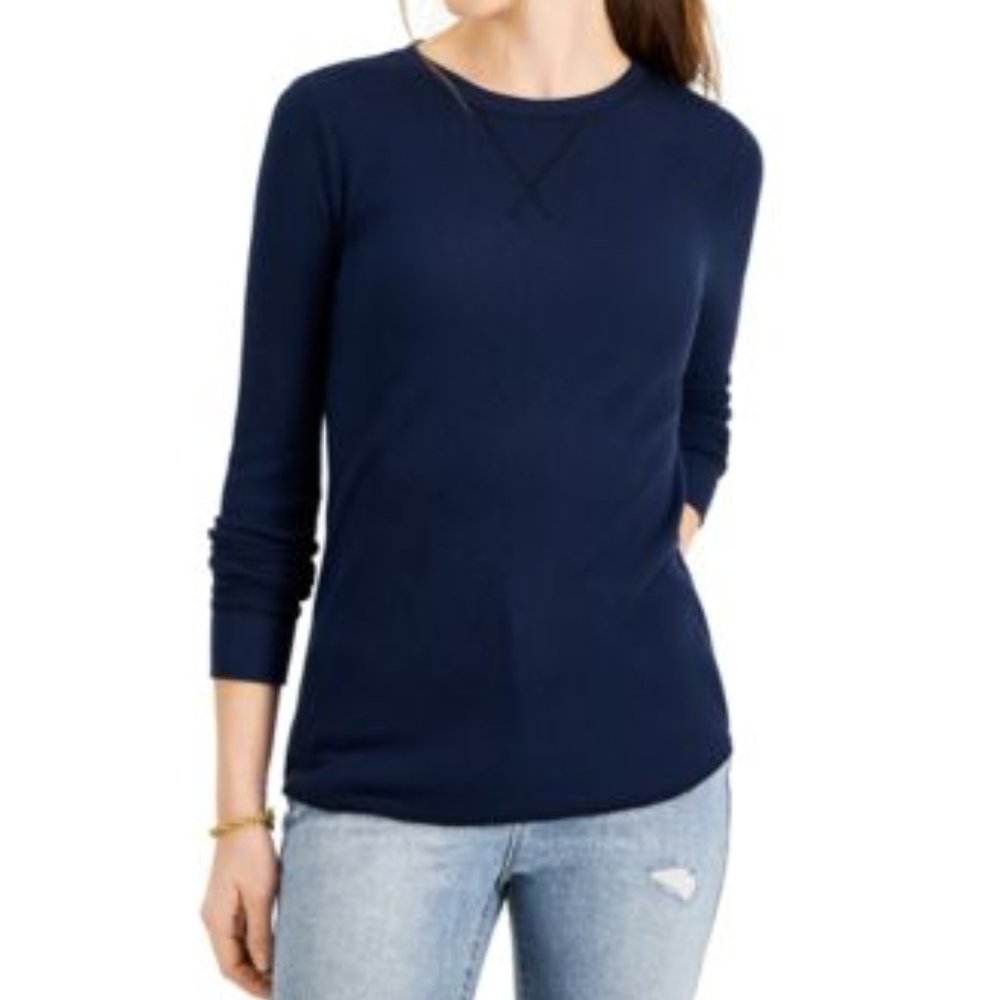 STYLE&CO HEATHER BLUE LNG SLV WAFFLE WEAVE TOP NWT